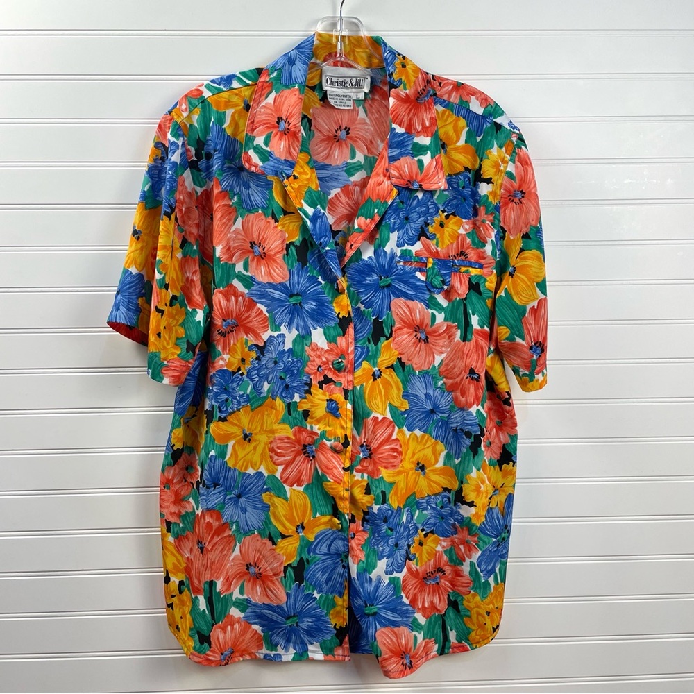 VTG 90s Christie & Jill Floral Button Up Camp Shirt Blouse Multicolor Large